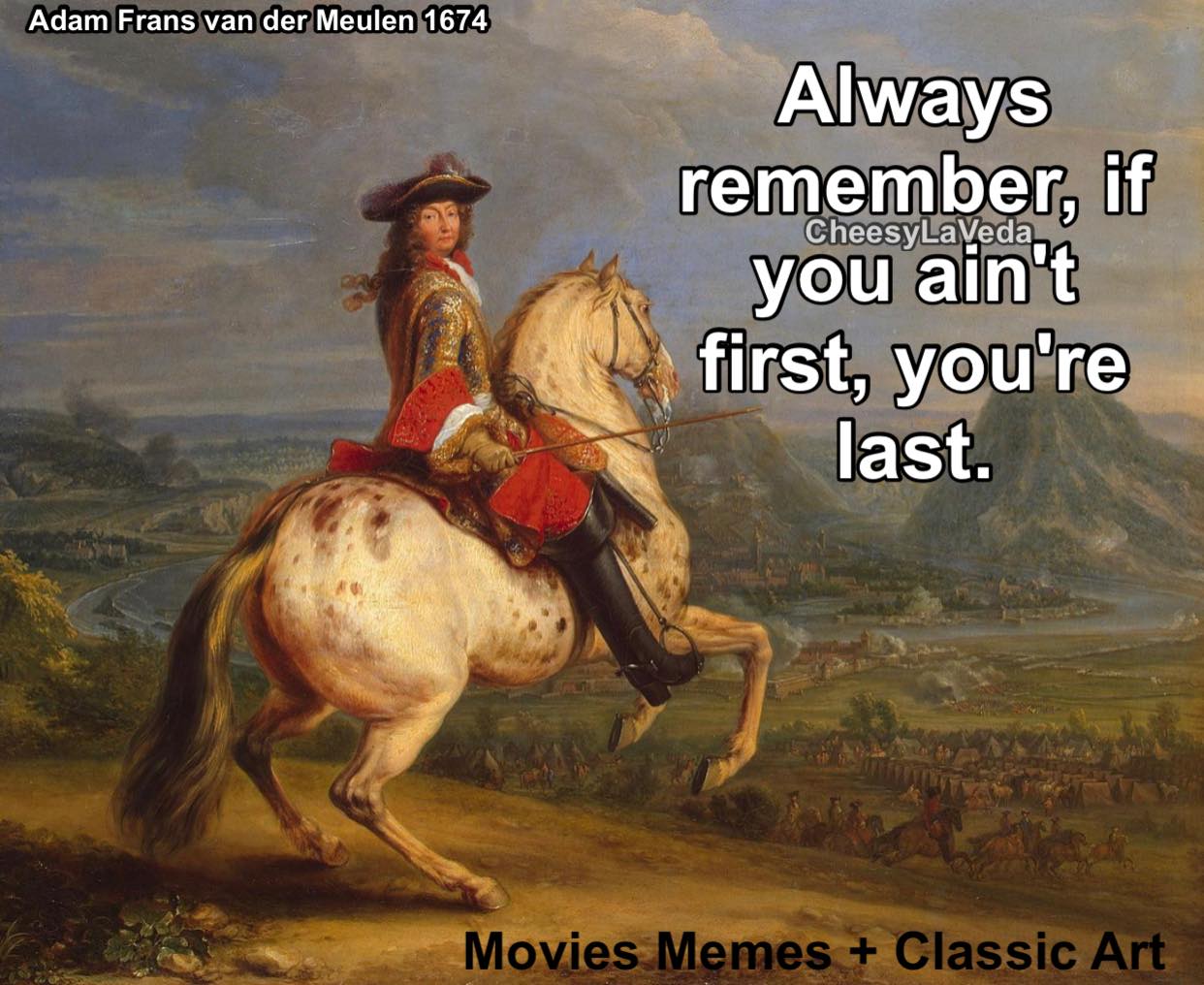 classic art painting of an 18ty century soldier on a horse with text