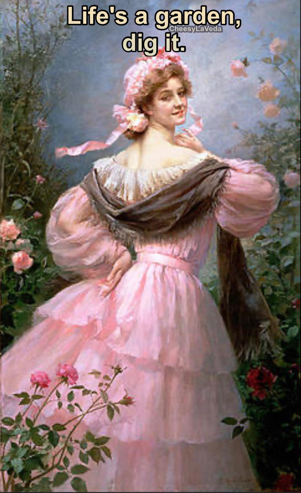 classic art painting of woman in pink dress with text