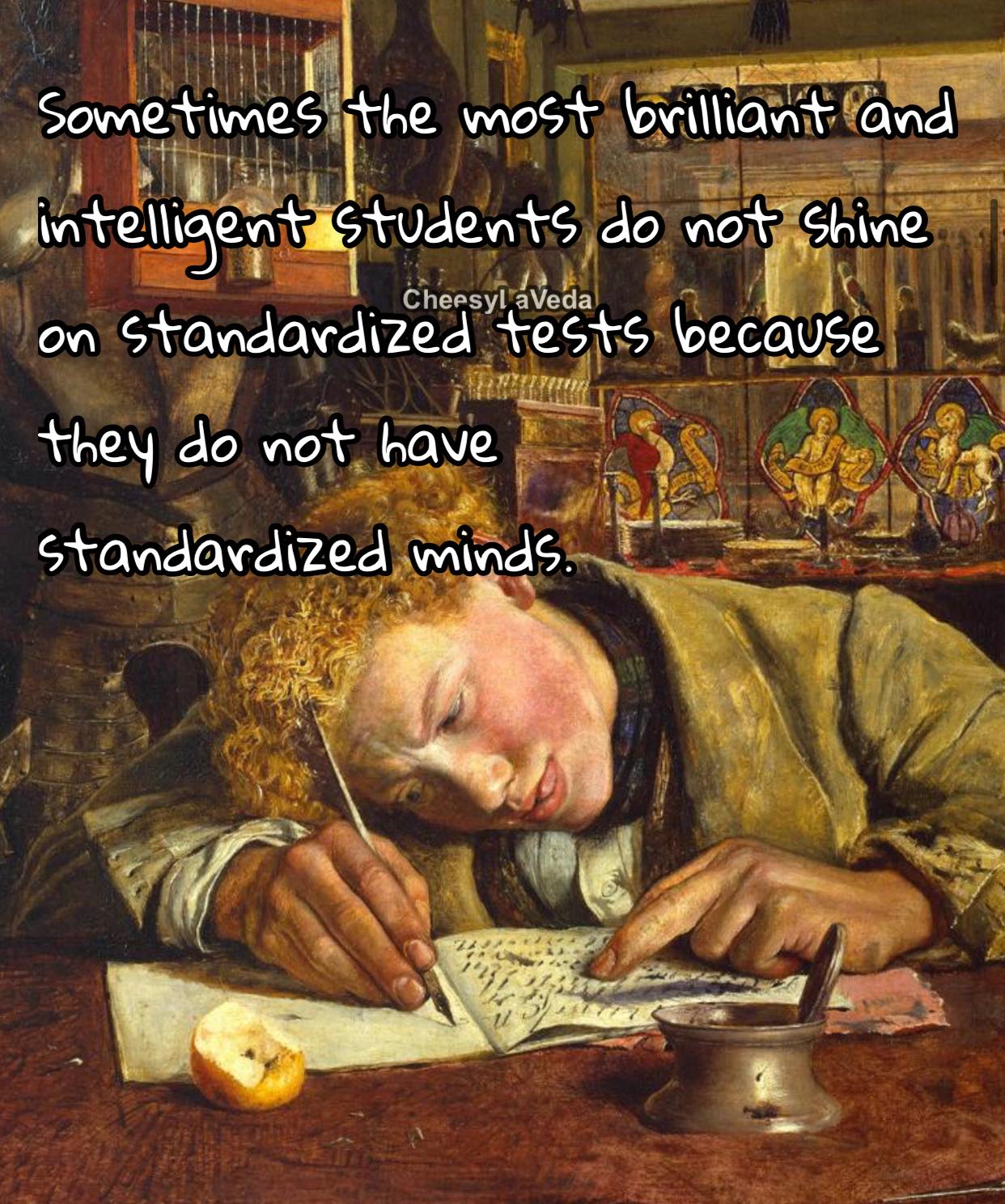 classic art painting meme of boy writing