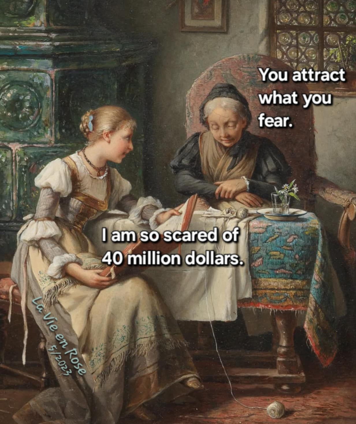 two women sitting at a table with text, You attract what you fear