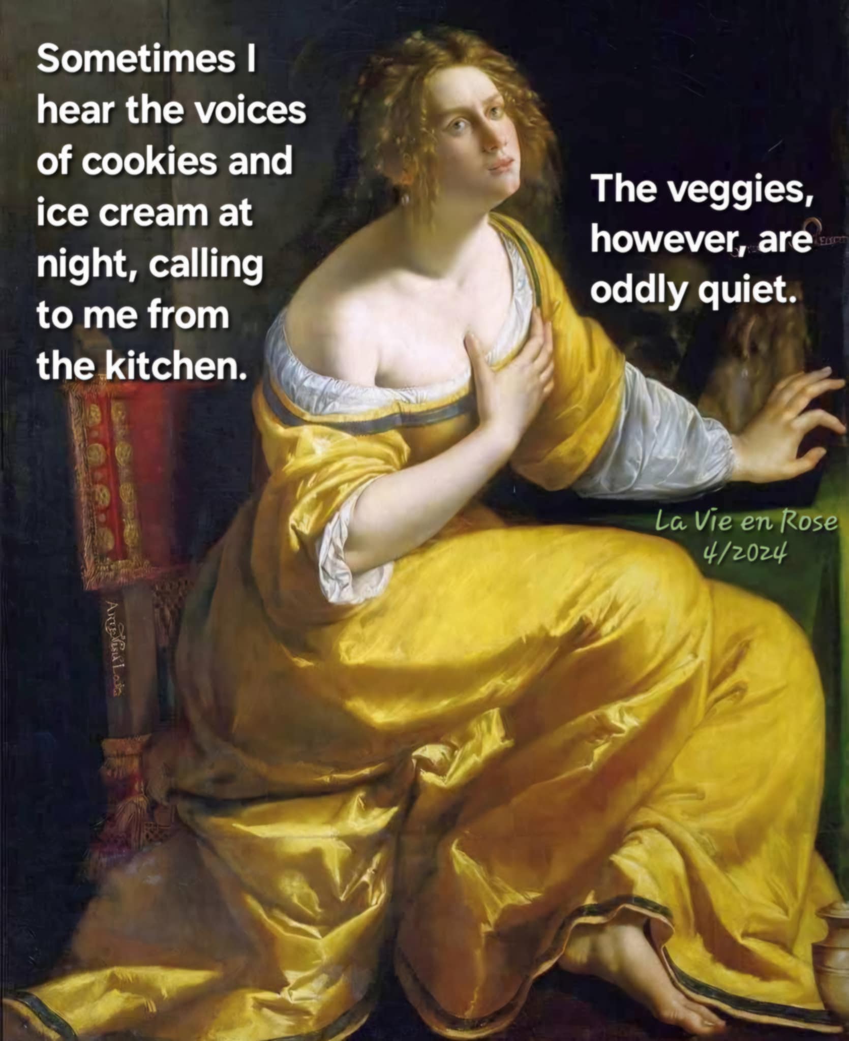 Woman in yellow robe against a dark background sits at table in disbelief. Text on image of painting. 