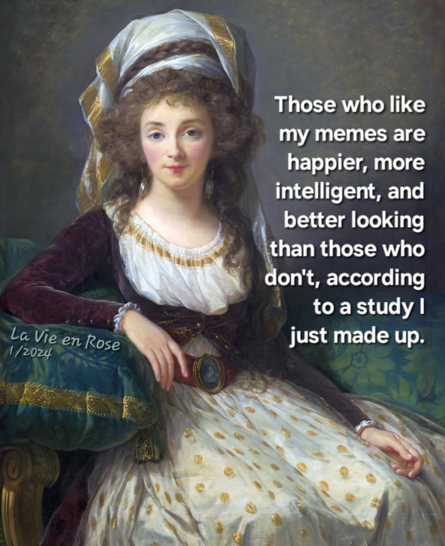 painting of a woman sitting with text displayed as a meme