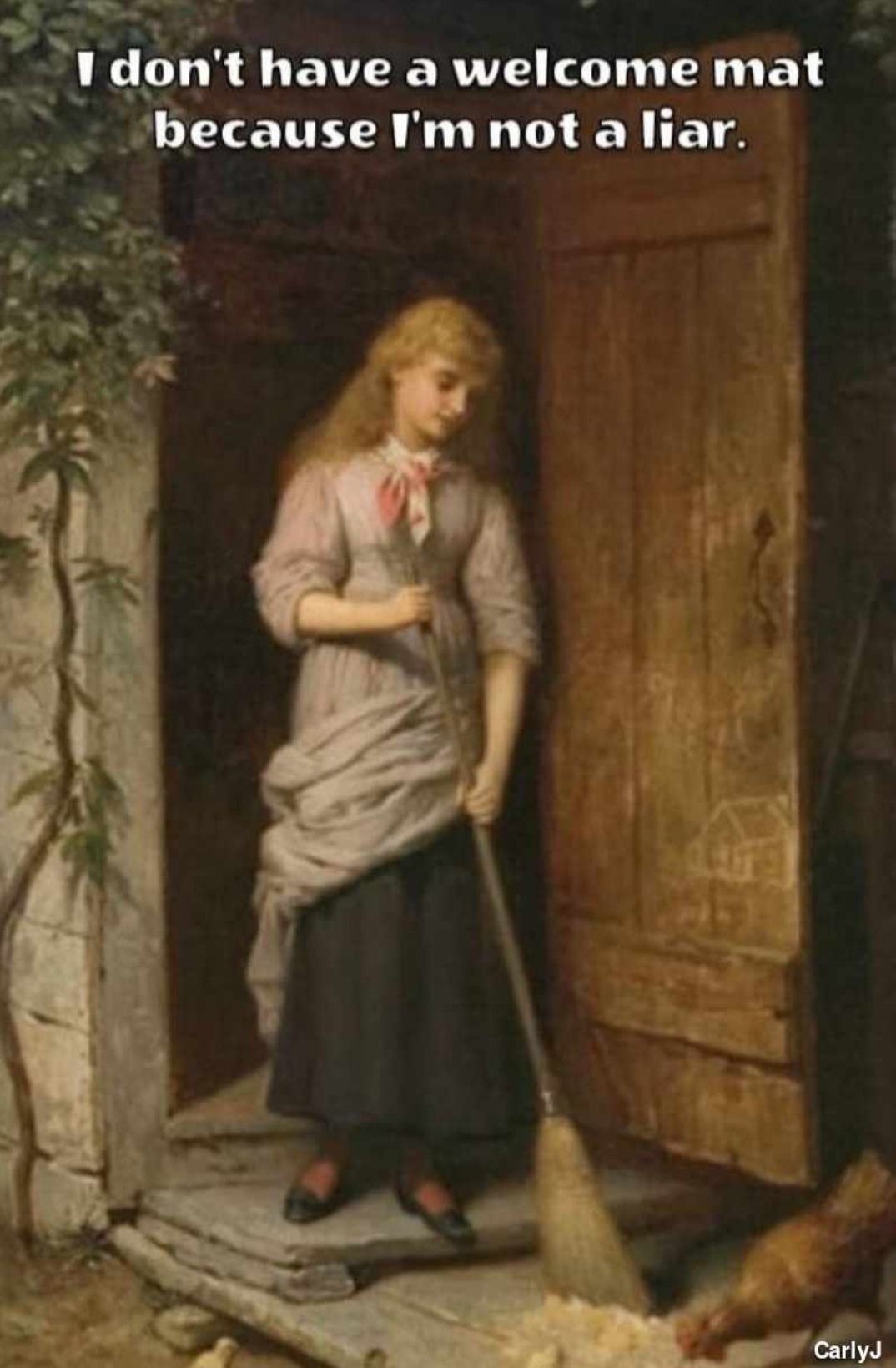 Young woman in a dress standing in a doorway with a broom in her hands sweeps a porch. She is standing in a doorway with an open wooden door. There is a chicken on the ground by the broom, pecking at something at the bottom of the frame.